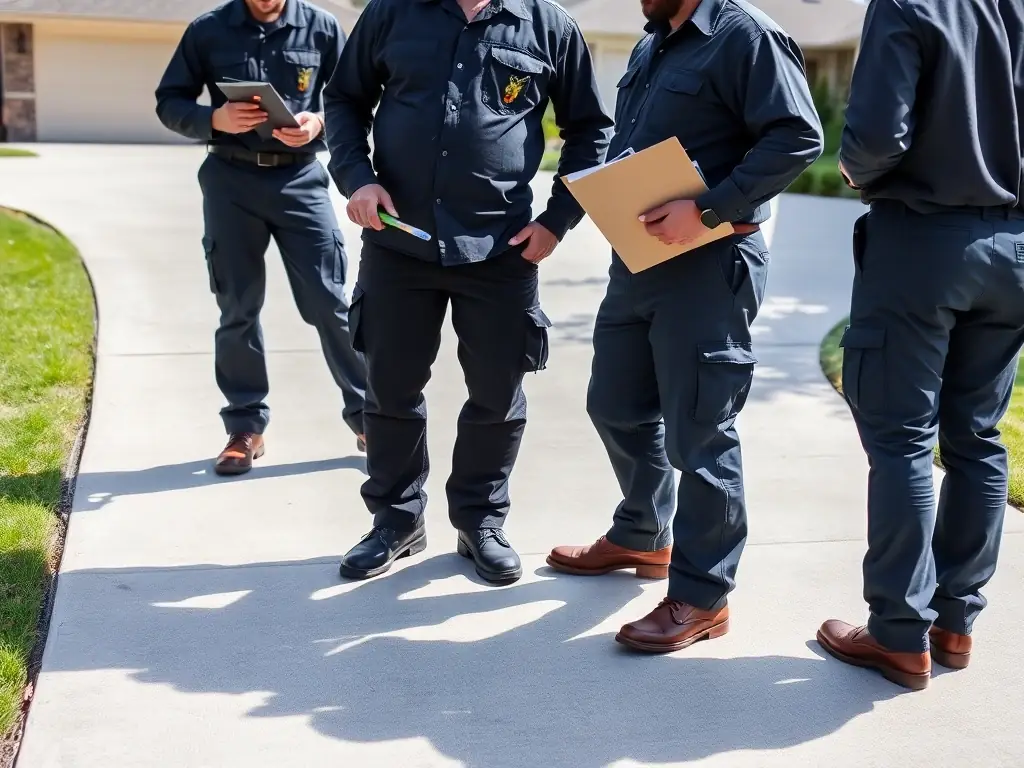 A team of experienced concrete paving professionals inspecting a newly completed driveway, ensuring quality and precision.