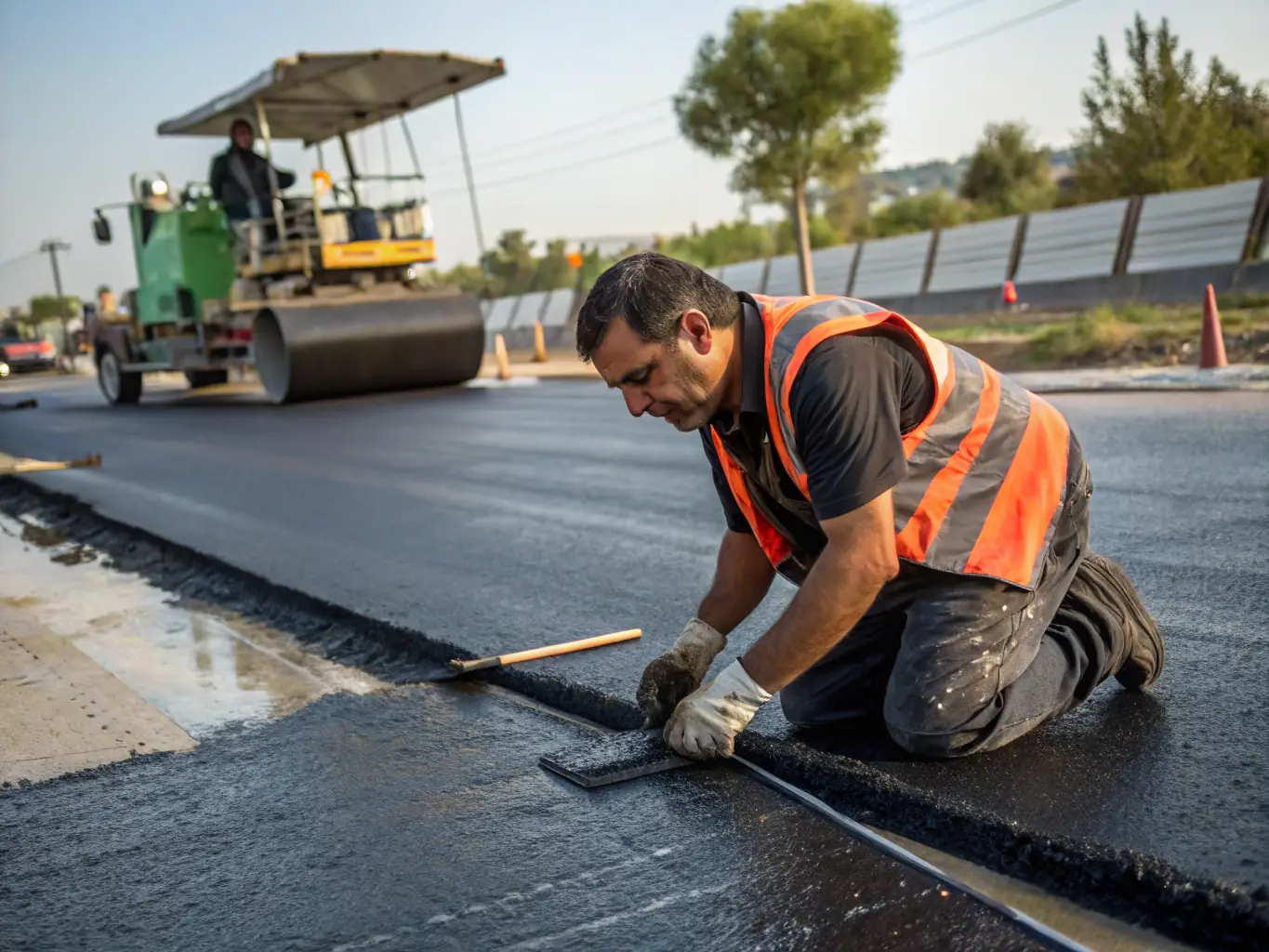 A close-up shot of high-quality asphalt being laid, showcasing the premium materials used by Terrasas Inc.