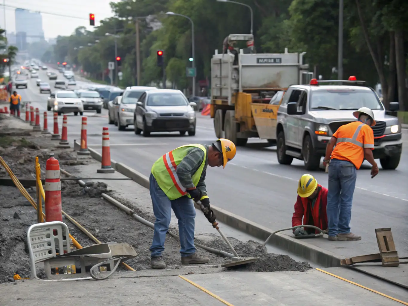 An image depicting asphalt repair work in progress, with workers patching cracks and smoothing the surface, demonstrating Terrasas Inc.'s commitment to maintaining asphalt surfaces.