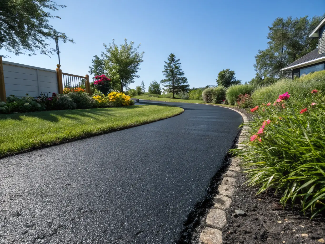 A well-maintained asphalt driveway with a protective sealant applied, highlighting Terrasas Inc.'s proactive approach to asphalt maintenance and longevity.