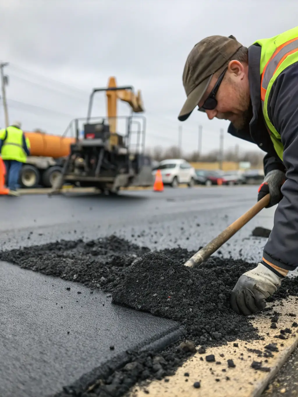 A picture of a Terrasas Inc. crew using specialized equipment to repair cracks and potholes in an existing asphalt surface, demonstrating their commitment to asphalt maintenance and repair.