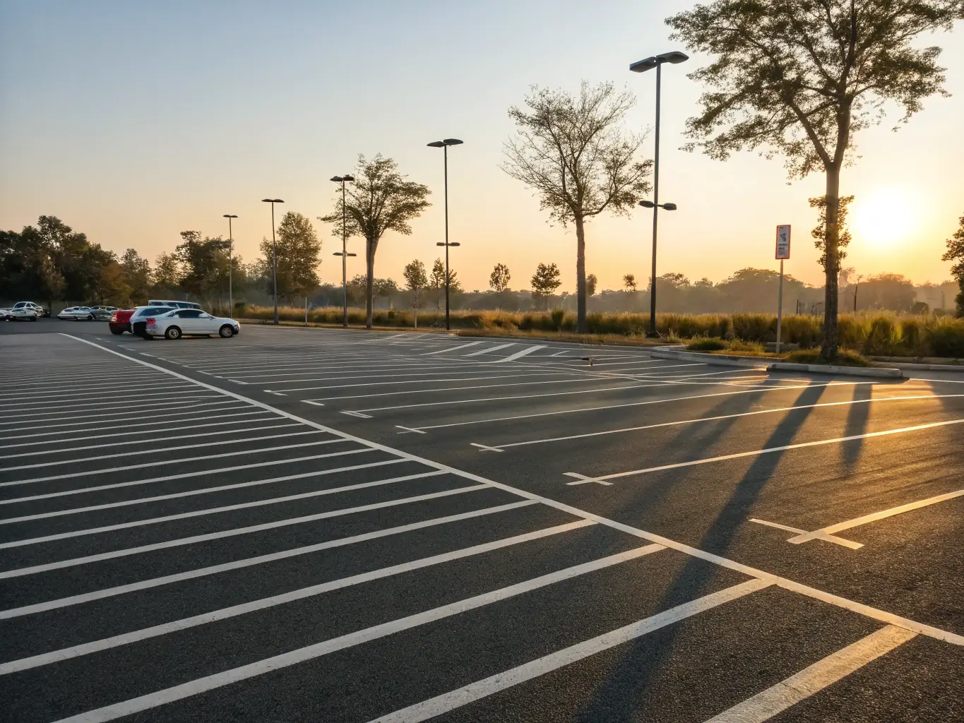 A newly paved asphalt parking lot with clearly marked parking spaces and smooth, even surface, showcasing the quality of Terrasas Inc.'s asphalt paving services.