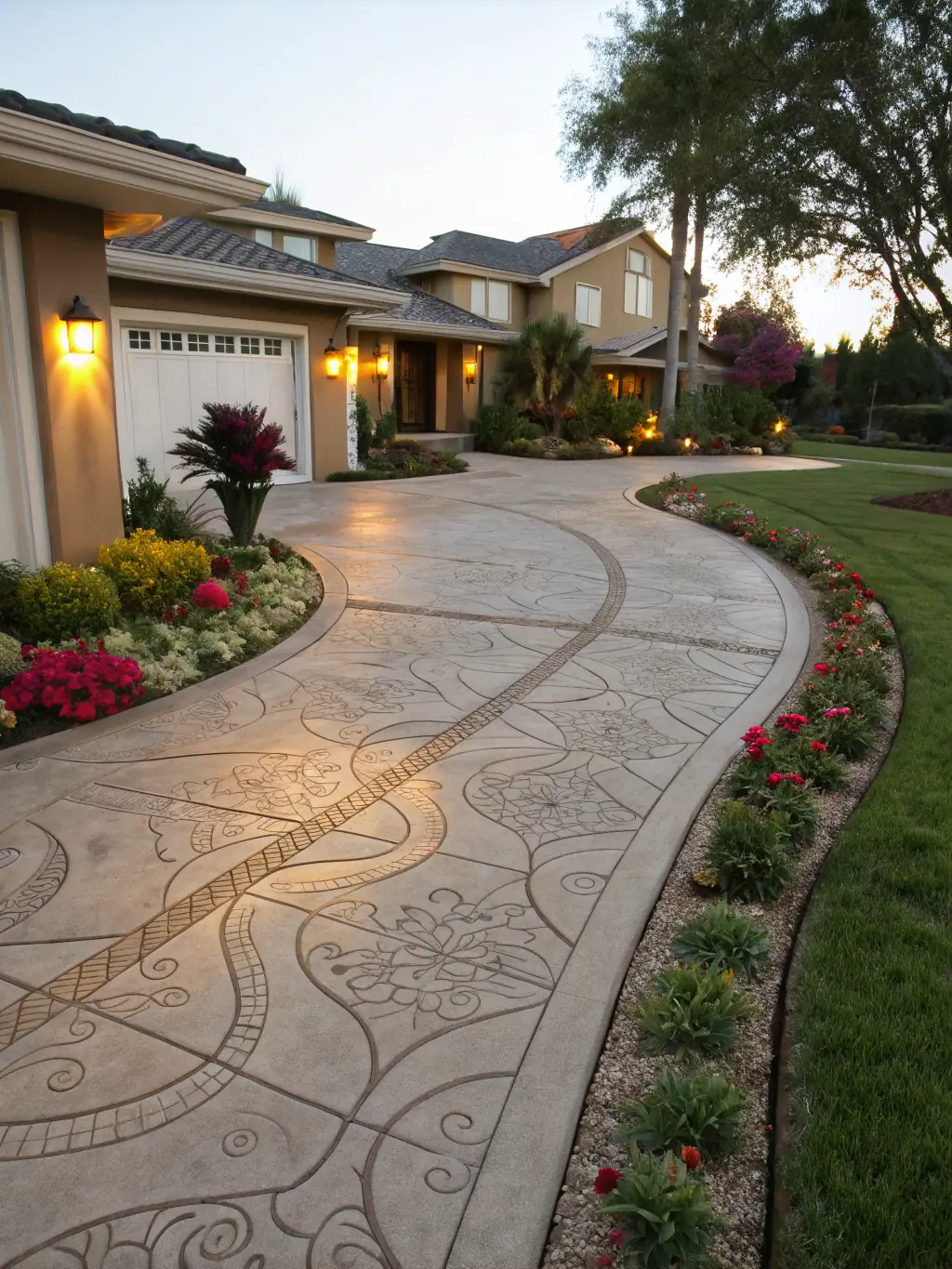 A high-angle shot of a newly installed concrete driveway with a decorative stamped pattern, showcasing the quality and aesthetic appeal of Terrasas Inc.'s residential concrete services.