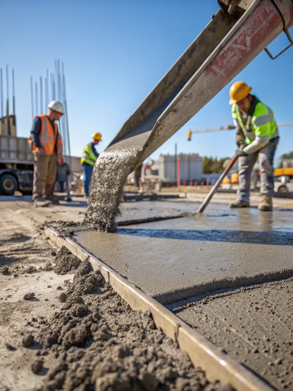 A close-up shot of industrial-grade concrete flooring being poured and leveled in a warehouse, emphasizing the strength and precision of Terrasas Inc.'s industrial concrete services.
