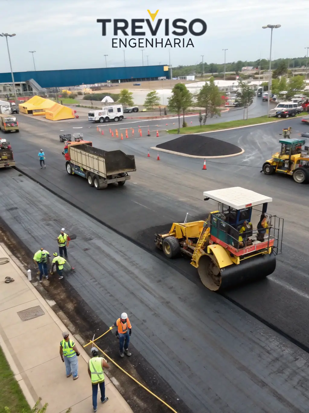 An image of a large commercial parking lot being paved with asphalt, highlighting the scale and efficiency of Terrasas Inc.'s commercial paving services.