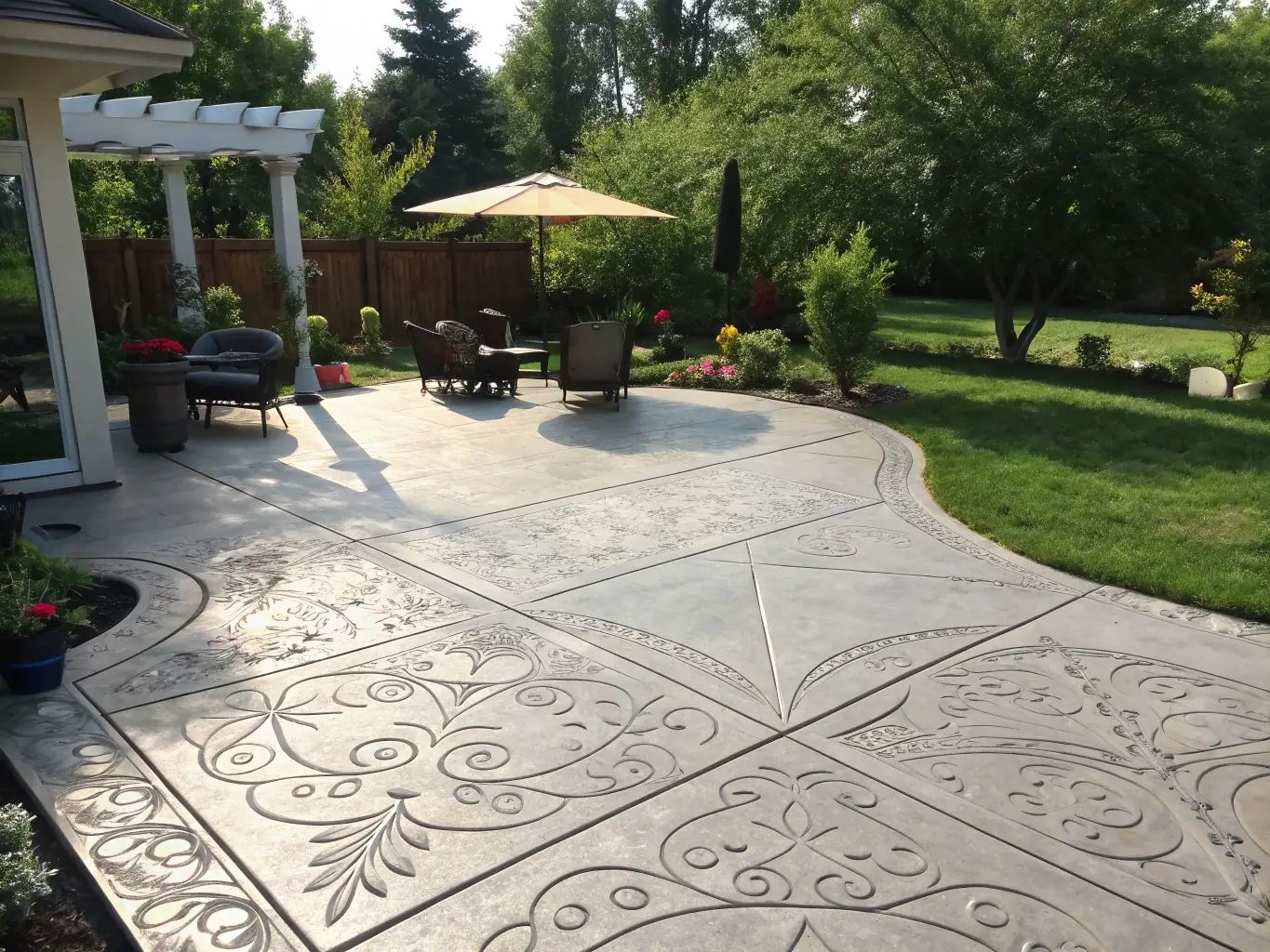 A decorative concrete patio with stamped patterns resembling natural stone, surrounded by outdoor furniture and lush greenery, creating an inviting outdoor living space.