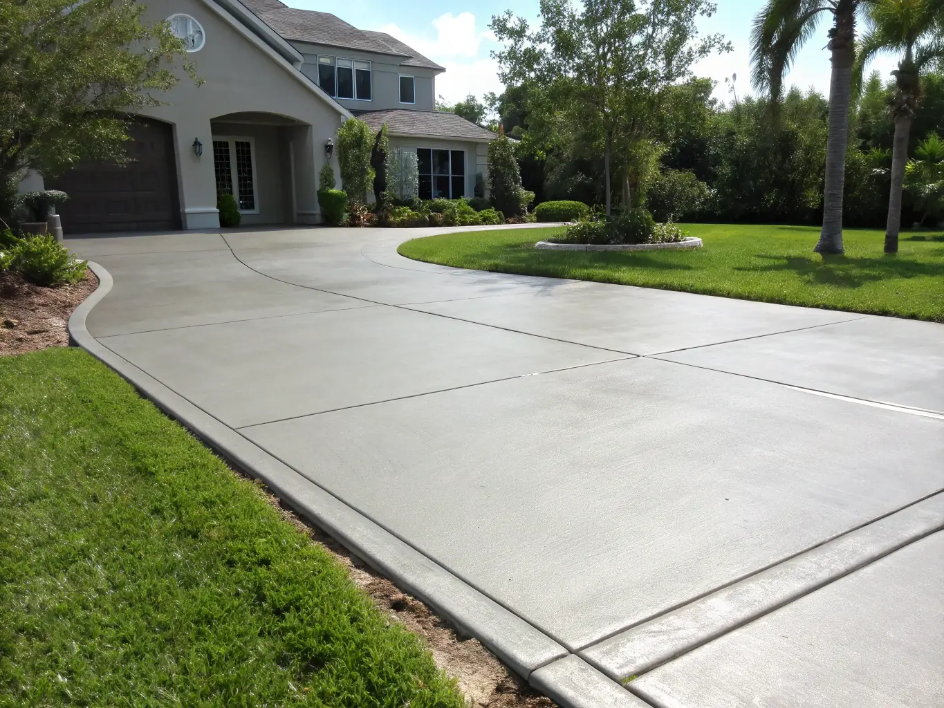 A high-angle shot of a newly installed concrete driveway, showcasing a smooth, even surface and clean, precise edges, with a neatly landscaped yard in the background.