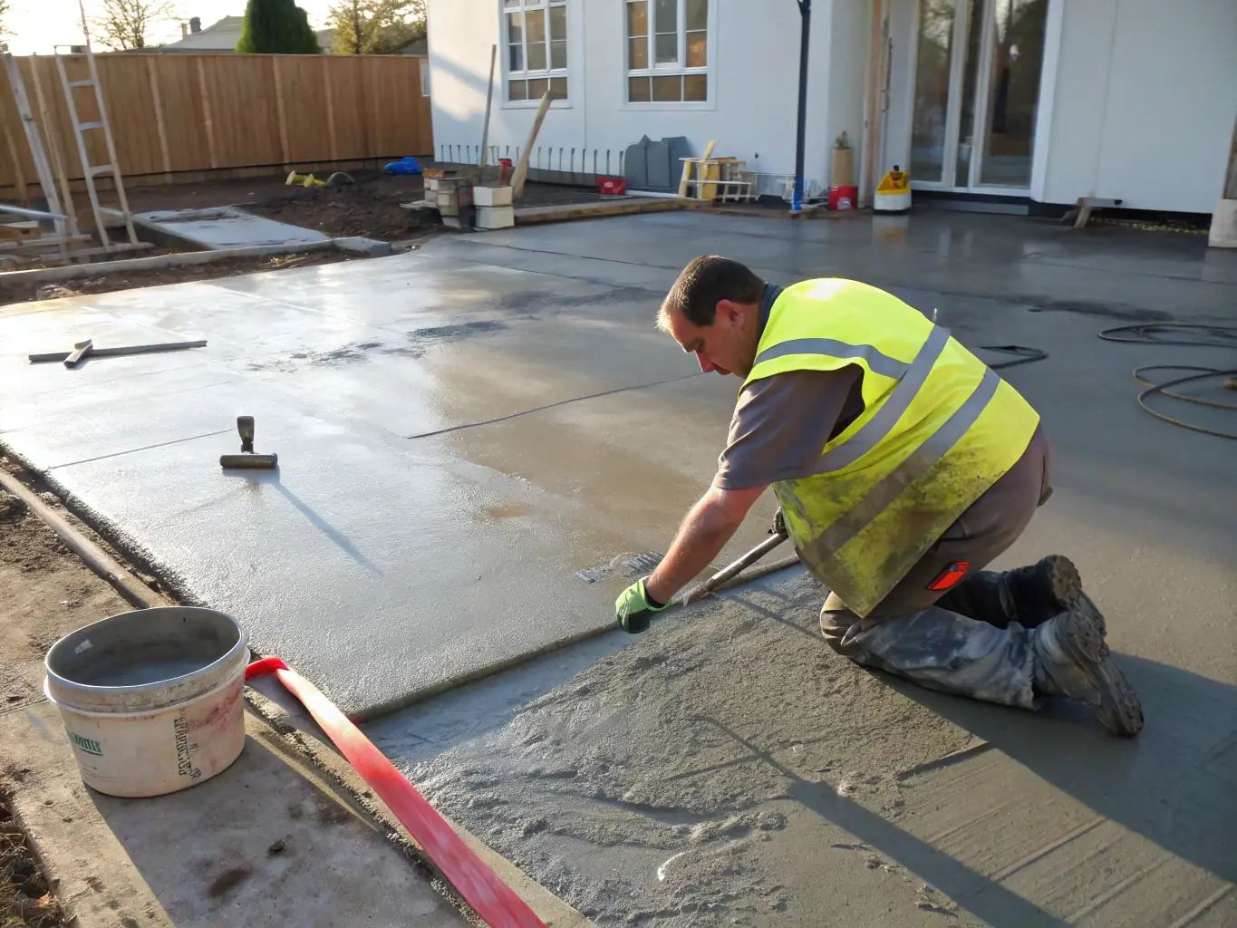 A close-up of a concrete sidewalk under construction, with workers smoothing the surface and ensuring proper leveling, set against a backdrop of a bustling city street.